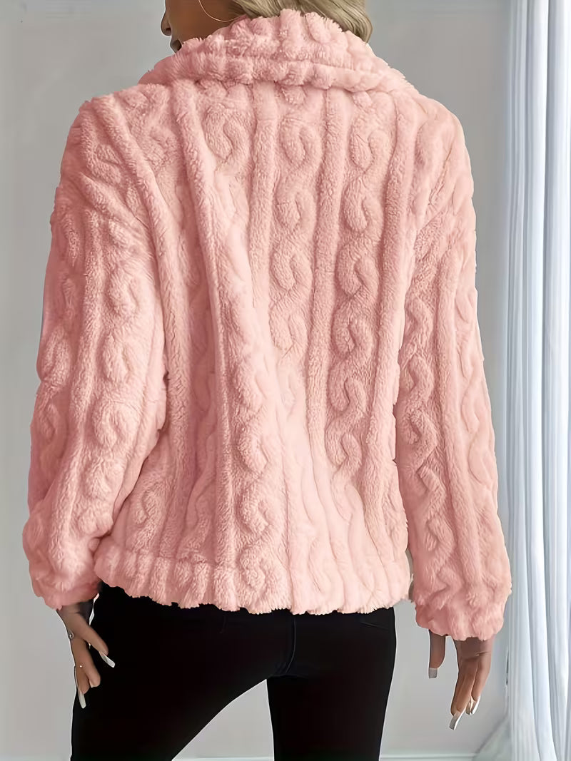 Rosaella - Cable Textured Fuzzy Teddy Jacket