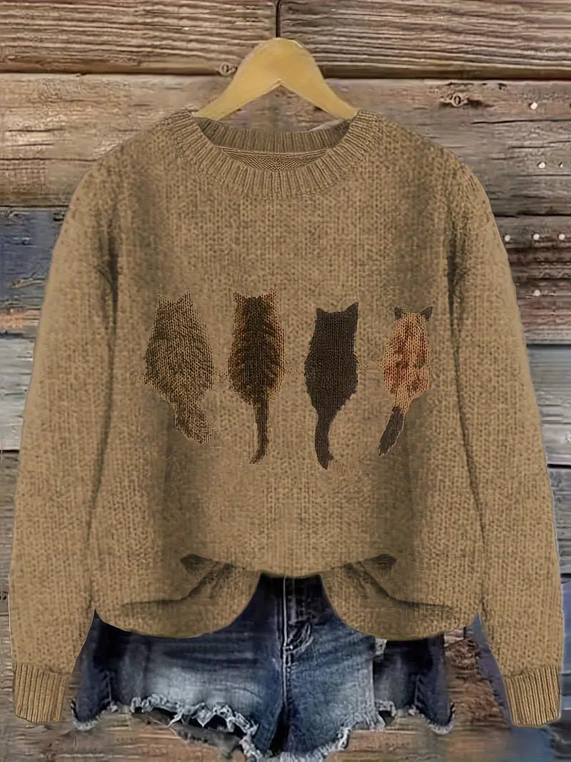 Urvana - Cat Print Long Sleeve Sweater