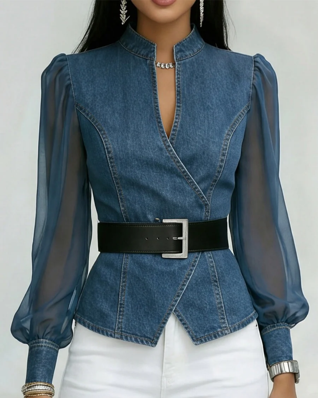 Vessa - Denim Top With Chiffon Sleeves