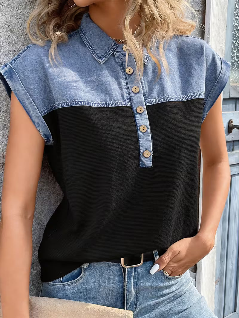 Haily - Casual Denim Patchwork Collar Top With Short Sleeve