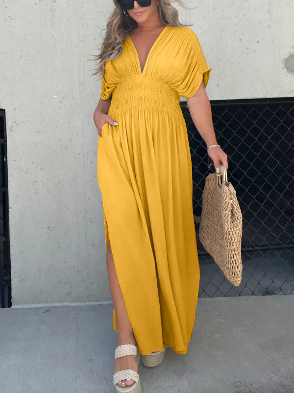 Neisya - Slit V-Neck Maxi Long Dress
