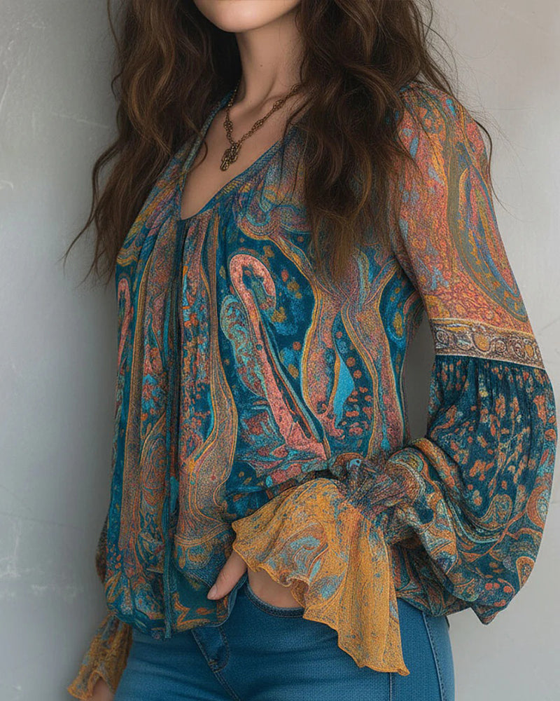 Izabella - Bohemian Style V-Neck Blouse With Flared Sleeves
