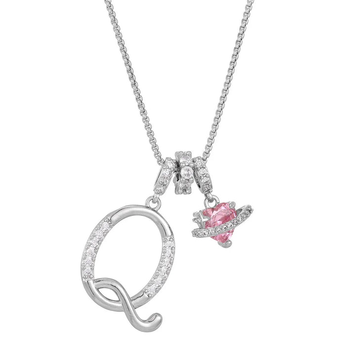 Nerute - Initial Letter Necklace With Pink Heart Charm