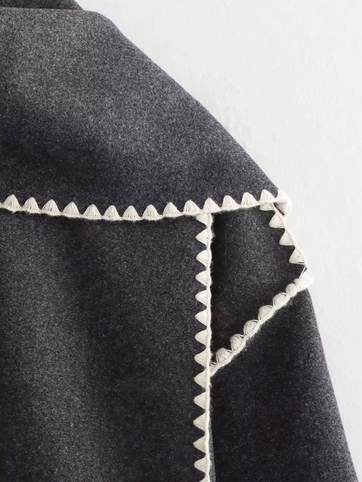 Anelinoria - Embroidered Fringe Coat With Matching Scarf