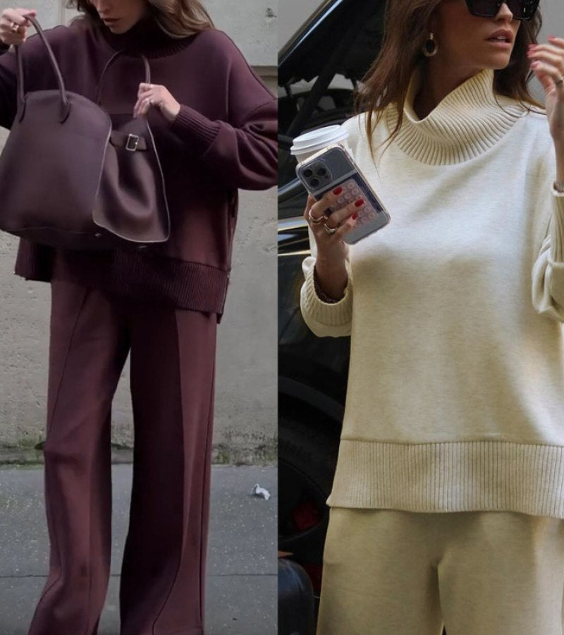 Blandine - Knitted Two Piece Set Turtleneck Sweater And Wide Leg Trousers