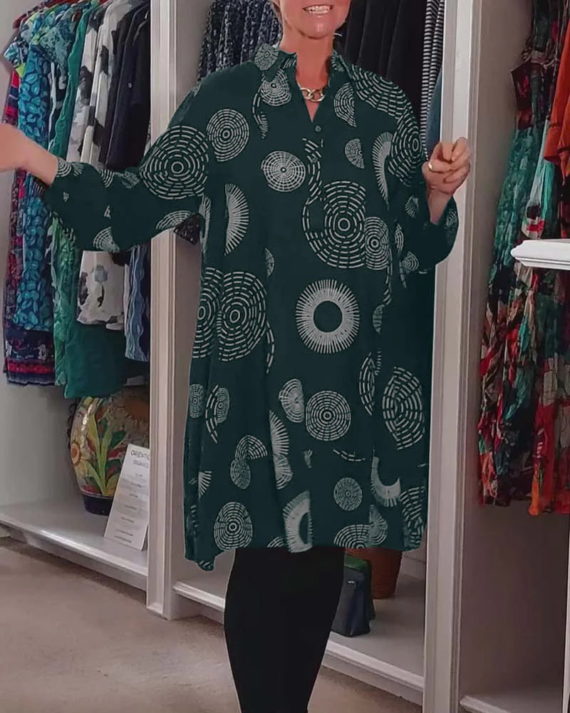 Marina - Long Sleeve Shirt Dress with Circular Print