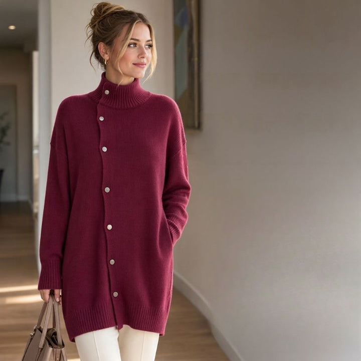 Renette - Longline Knit Sweater With Turtleneck and Buttons