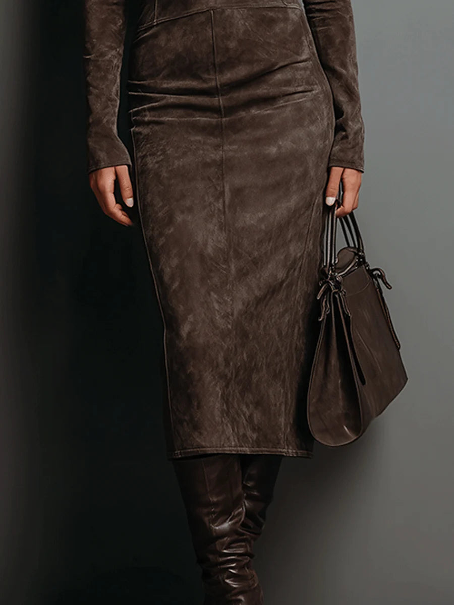Jelina - High Neck Suede Midi Dress