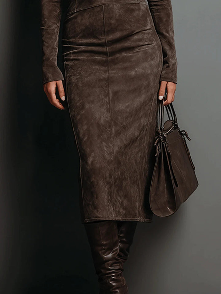 Jelina - High Neck Suede Midi Dress