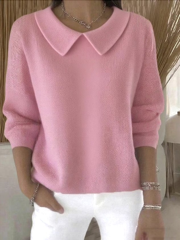 Hespera - Cotton Plain Long Sleeve Comfortable Sweater