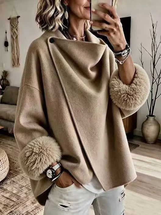 Kalisana - Faux Fur Cuff Asymmetric Wool-Blend Jacket