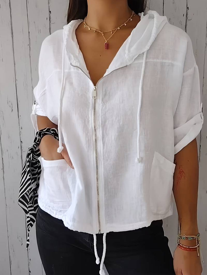 Senushi - Short Sleeve Loose Hooded With Zippered