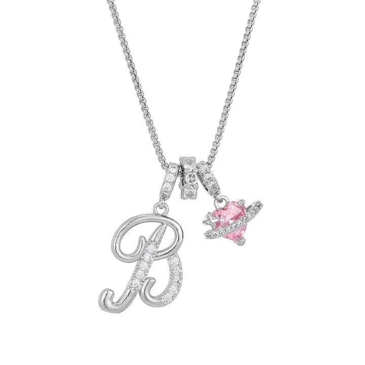 Nerute - Initial Letter Necklace With Pink Heart Charm