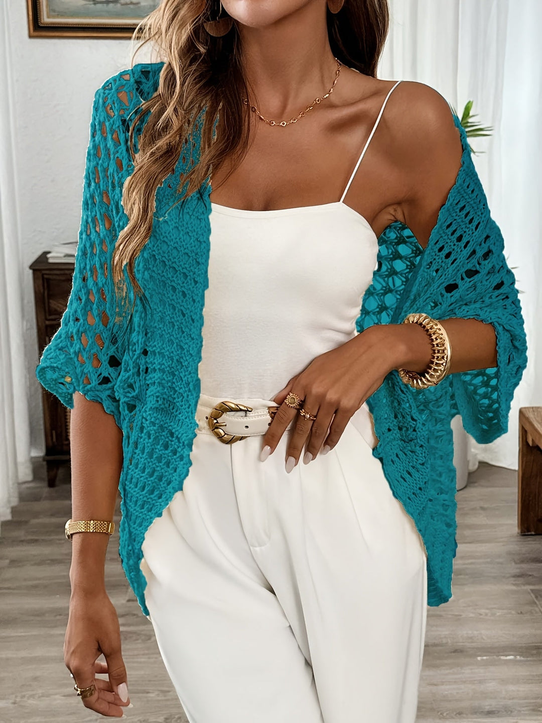 Etleva - Elegant Hollow Cardigan With Batwing Sleeves