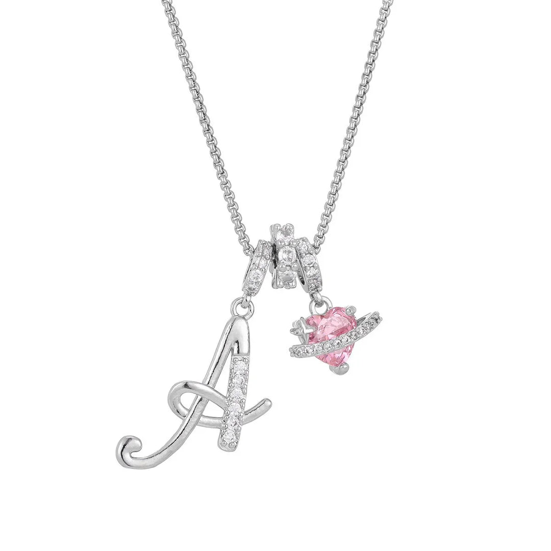 Nerute - Initial Letter Necklace With Pink Heart Charm