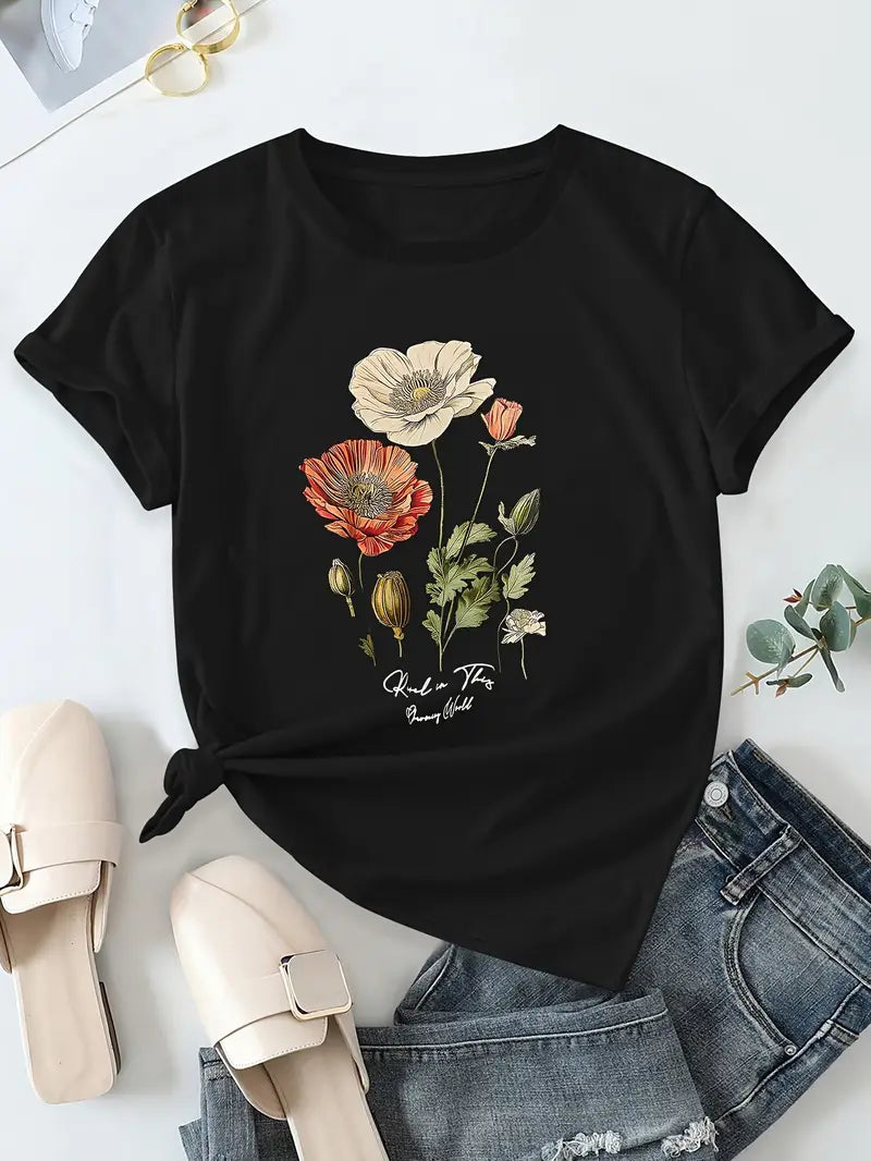 Aimilia - Elegant Short Sleeve T-Shirt With Floral Print