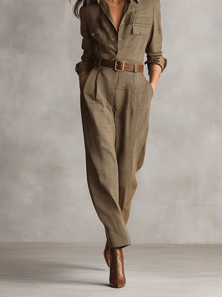 Florisa - Belted Check Jumpsuit With Shirt Collar