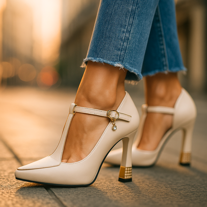 Avitia - T-Strap High Heel Pumps with Buckle