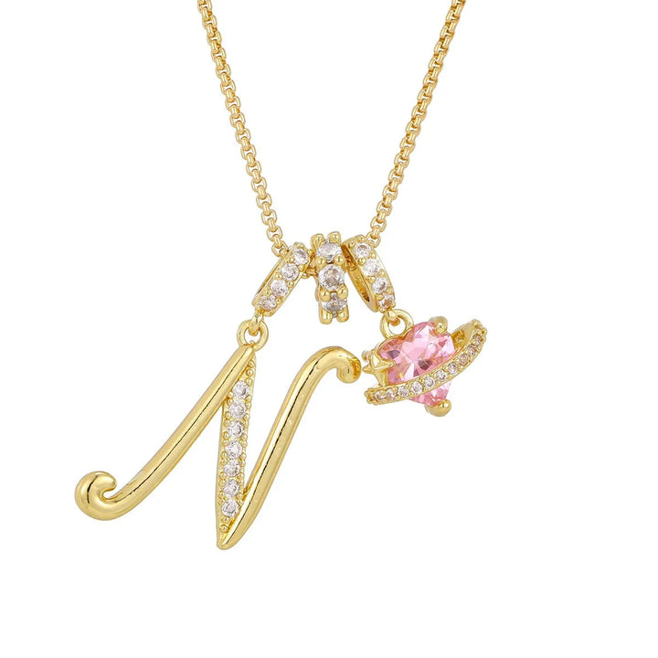 Nerute - Initial Letter Necklace With Pink Heart Charm