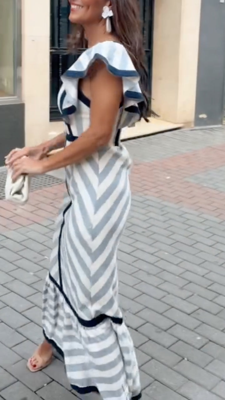 Lileeka - Mixed Stripe Sqaure Neck Maxi Dress