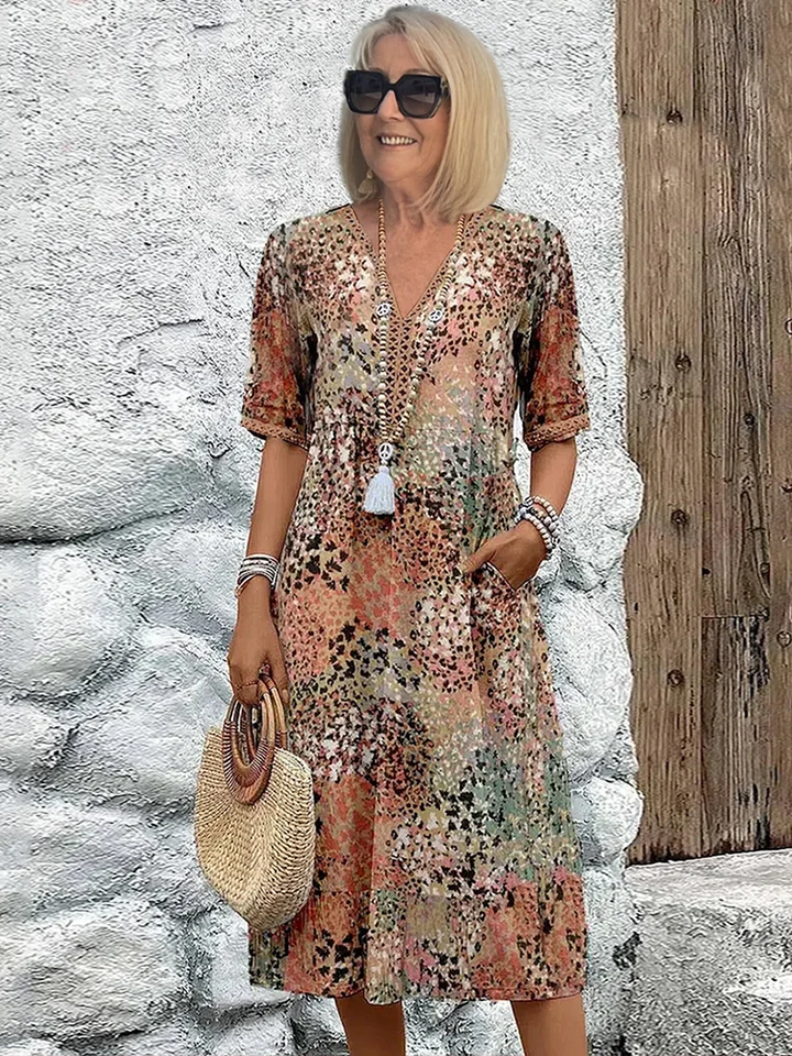 Kimano - Short Sleeve Mid-Calf Printed Dress