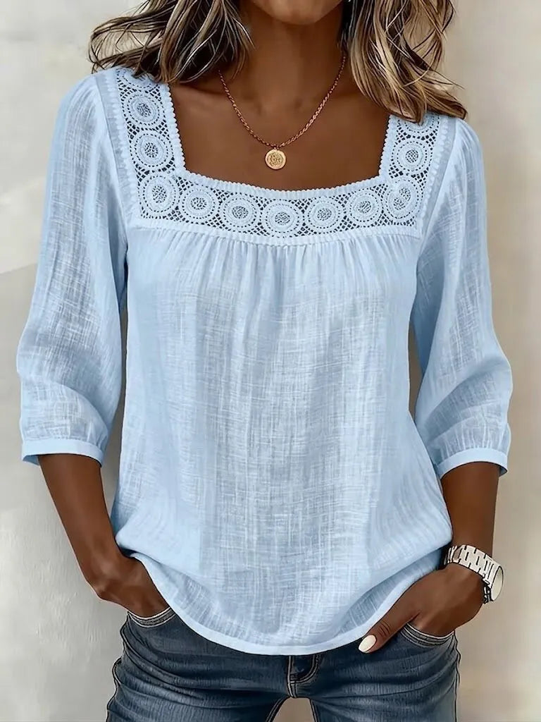 Nozomi - Square Neck Lace Patchwork Blouse