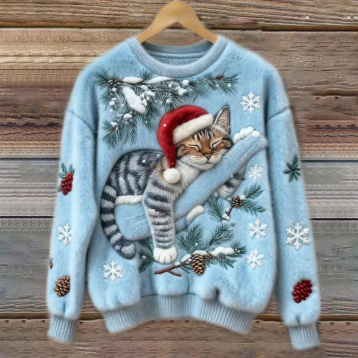Elisabetta - Plush Sweater With a Lazy Cat Motif