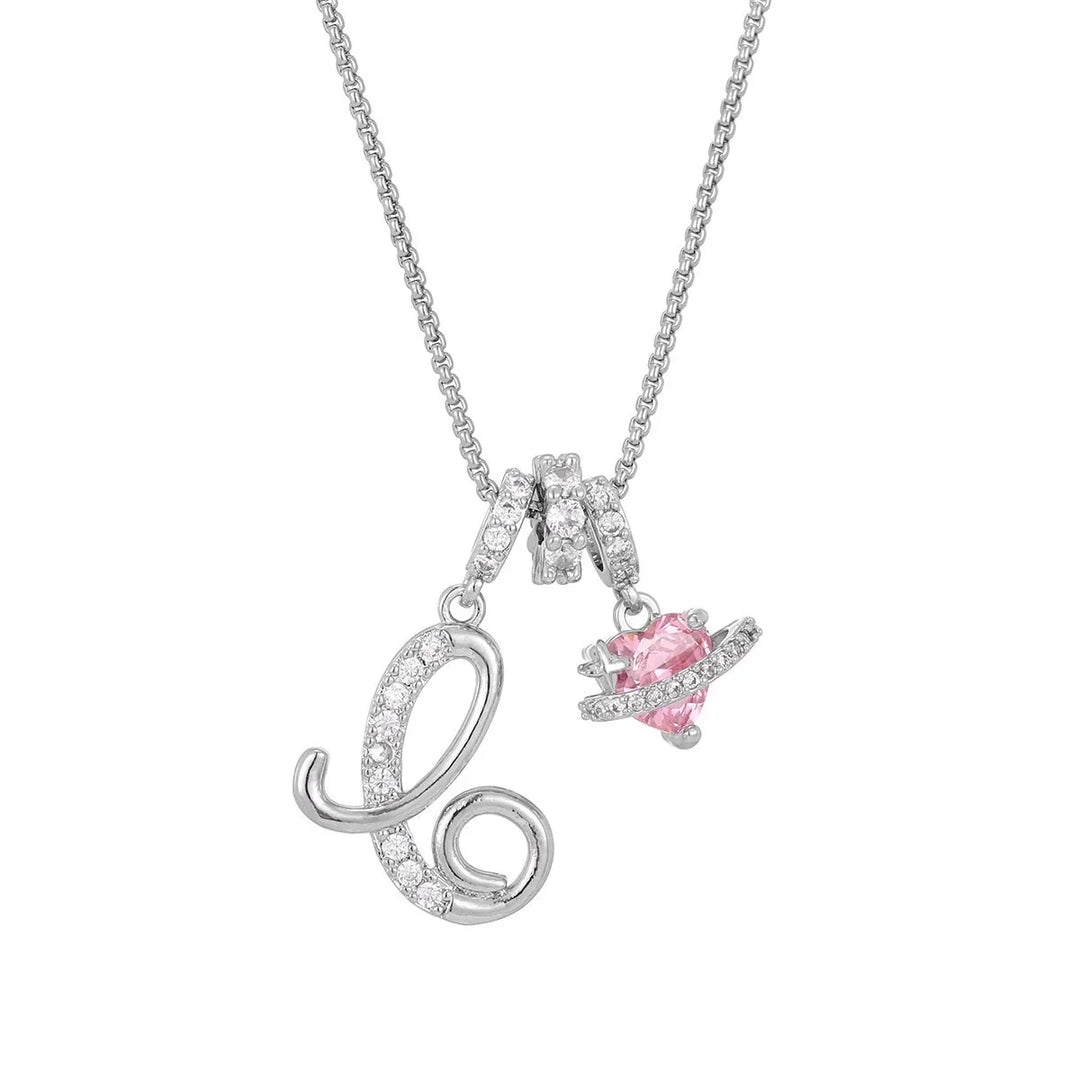 Nerute - Initial Letter Necklace With Pink Heart Charm