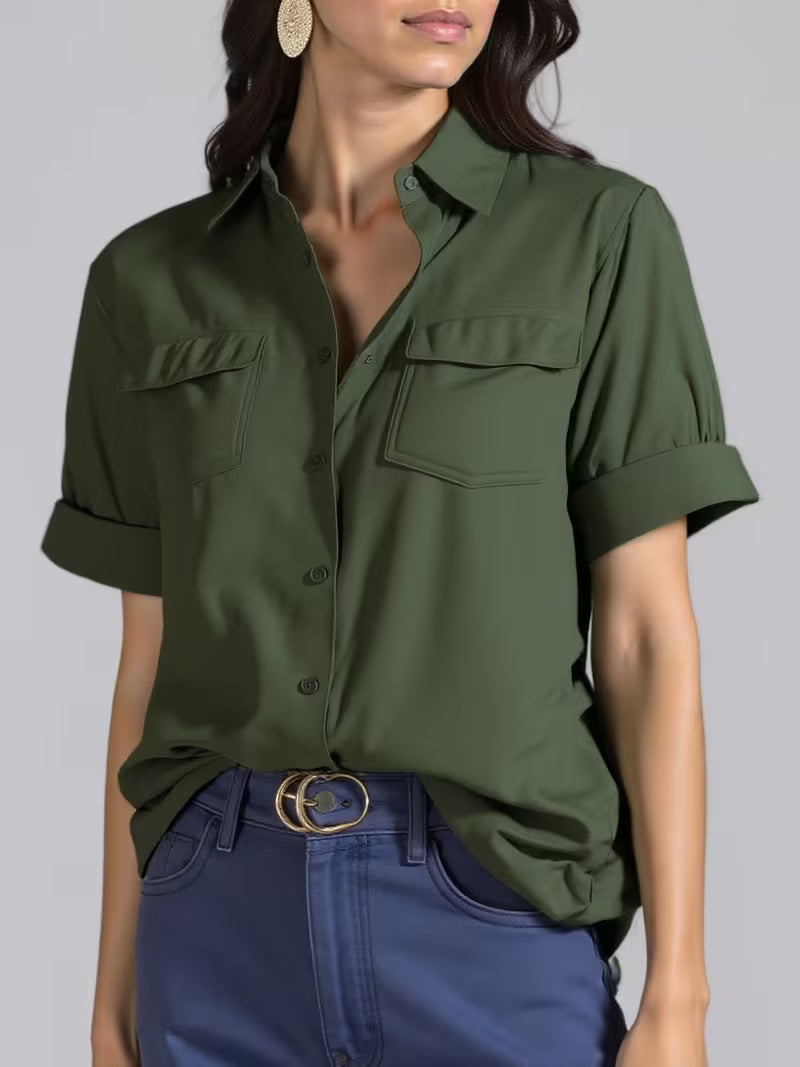 Ornilla - Lapel Short Sleeve Loose Shirt With Pocket