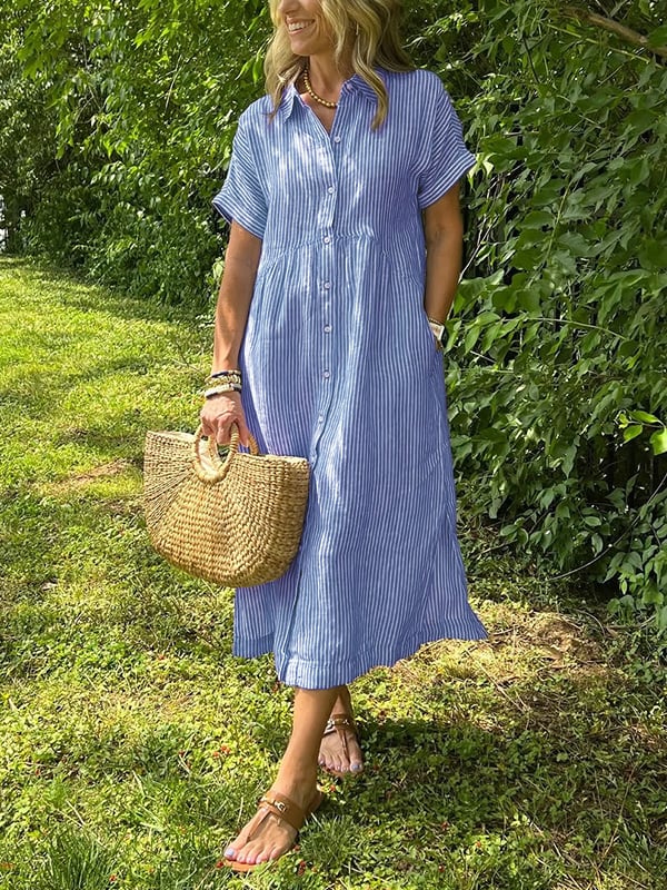 Alory - Comfortable Button Down Striped Midi Dress