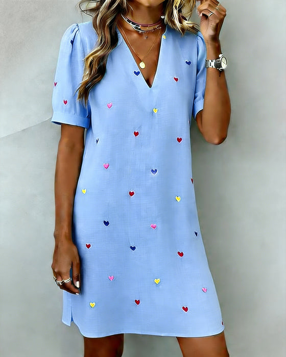 Steinunn - Colorful Dress With Heart Print And V-Neck