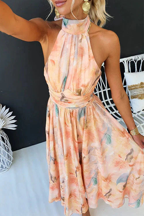 Faina - Long Halterneck Dress With Watercolor Pattern