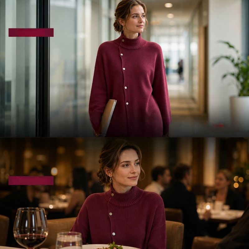 Renette - Longline Knit Sweater With Turtleneck and Buttons