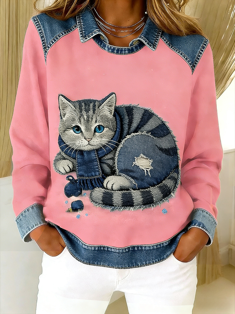 Eponin - Retro Cat Denim Patchwork Sweatshirt