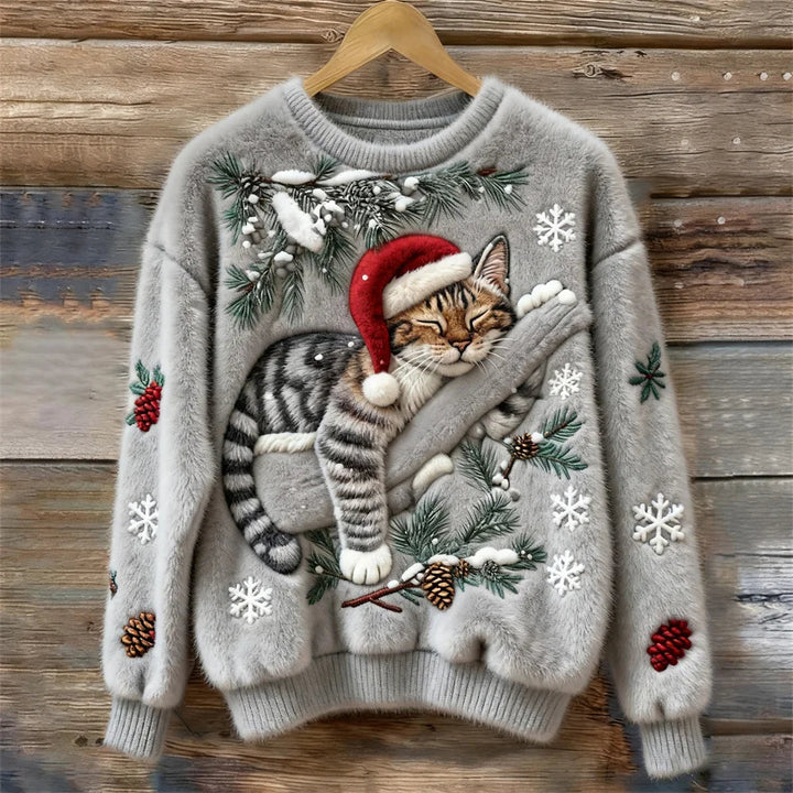 Elisabetta - Plush Sweater With a Lazy Cat Motif