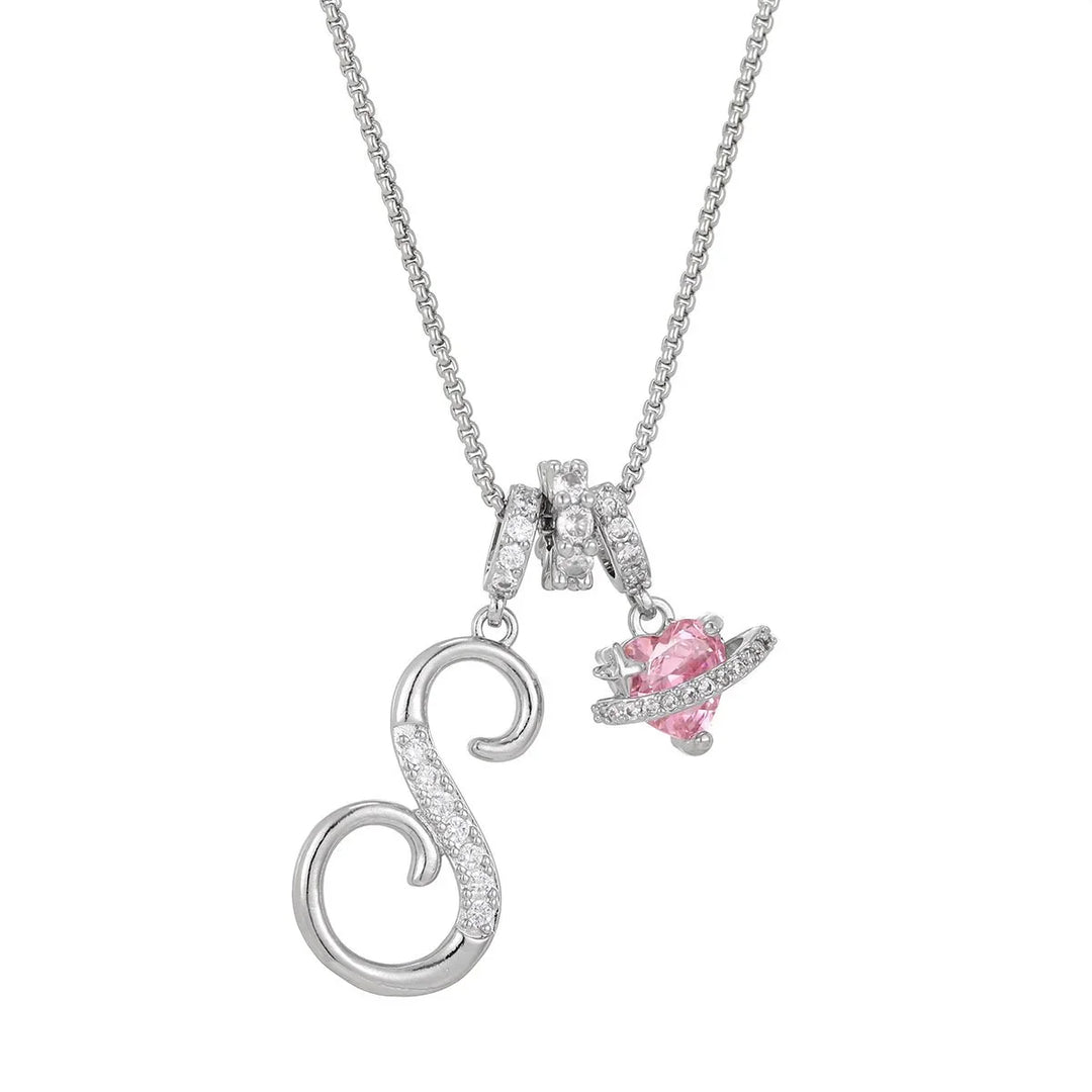 Nerute - Initial Letter Necklace With Pink Heart Charm
