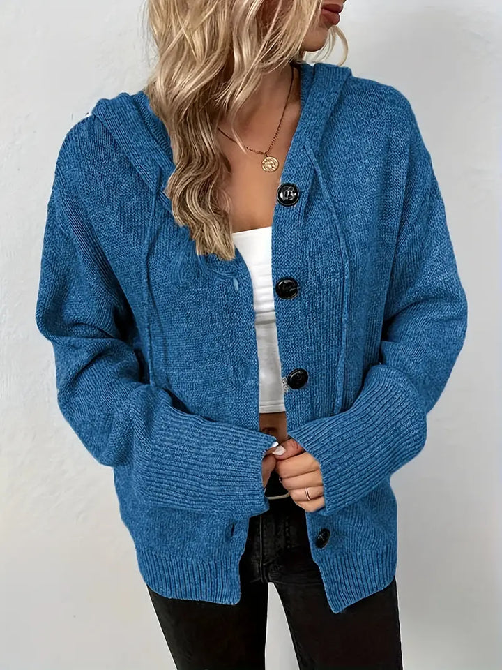 Suthida - Elegant Long Sleeve Hooded Sweater With Button