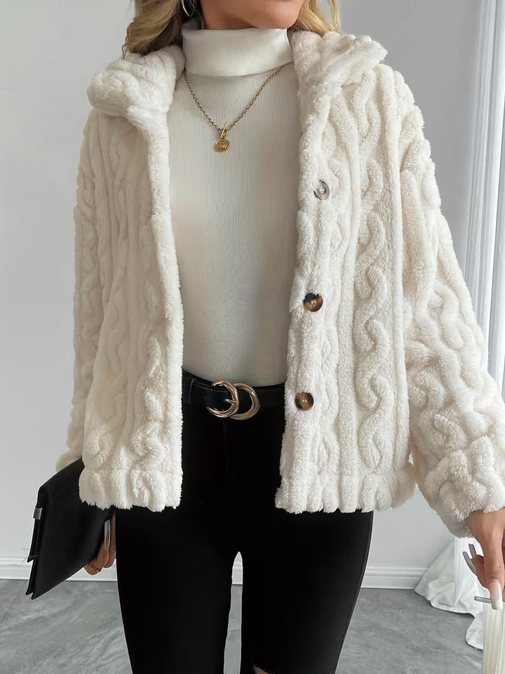Rosaella - Cable Textured Fuzzy Teddy Jacket