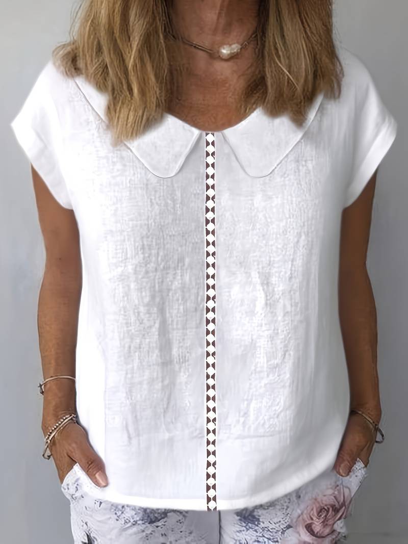 Krischelle - Lapel Lace Splicing Short Sleeve Sweater