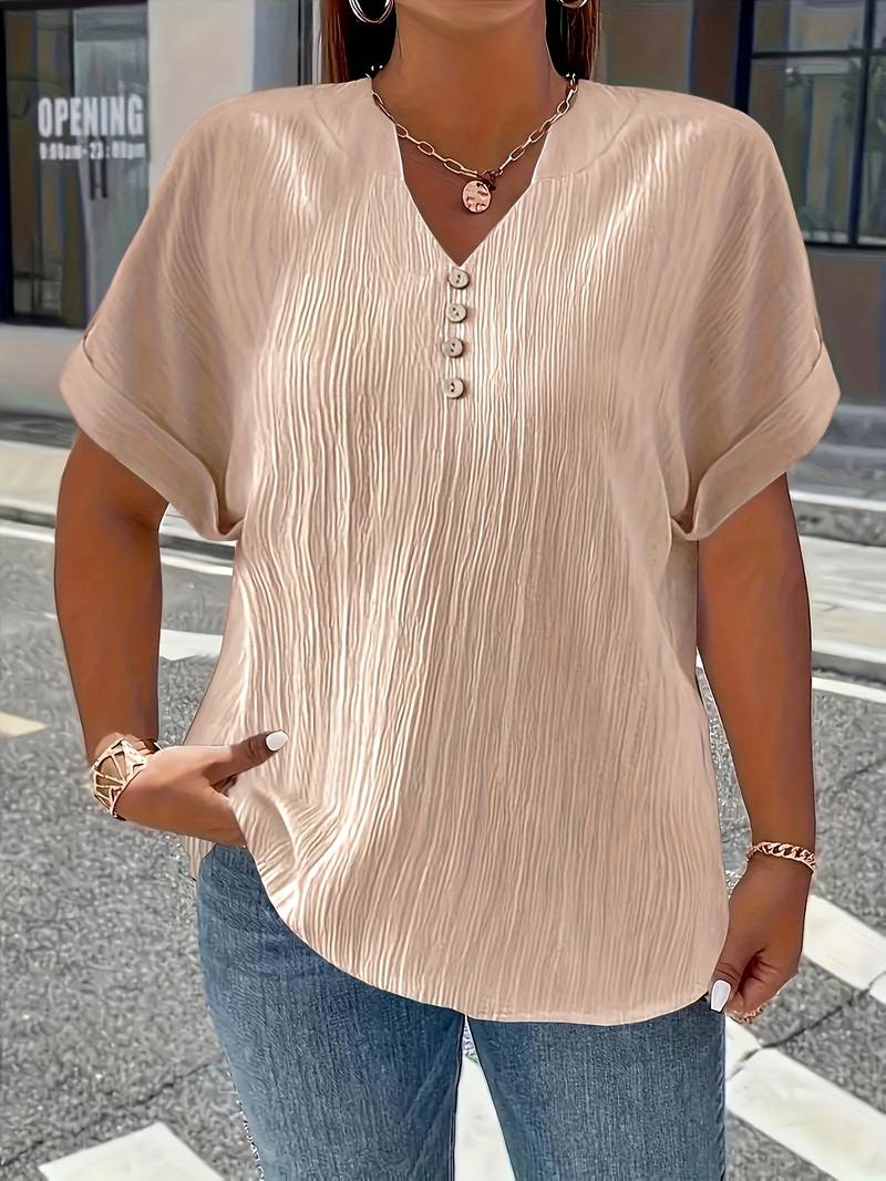 Lakmali - Textured Short Sleeve Top With V-Neck