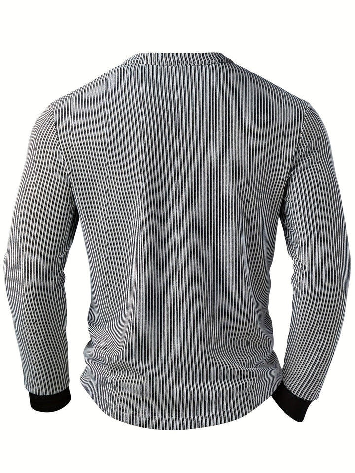 Lorcmir - Textured Striped Collar Long Sleeve Henley Shirt