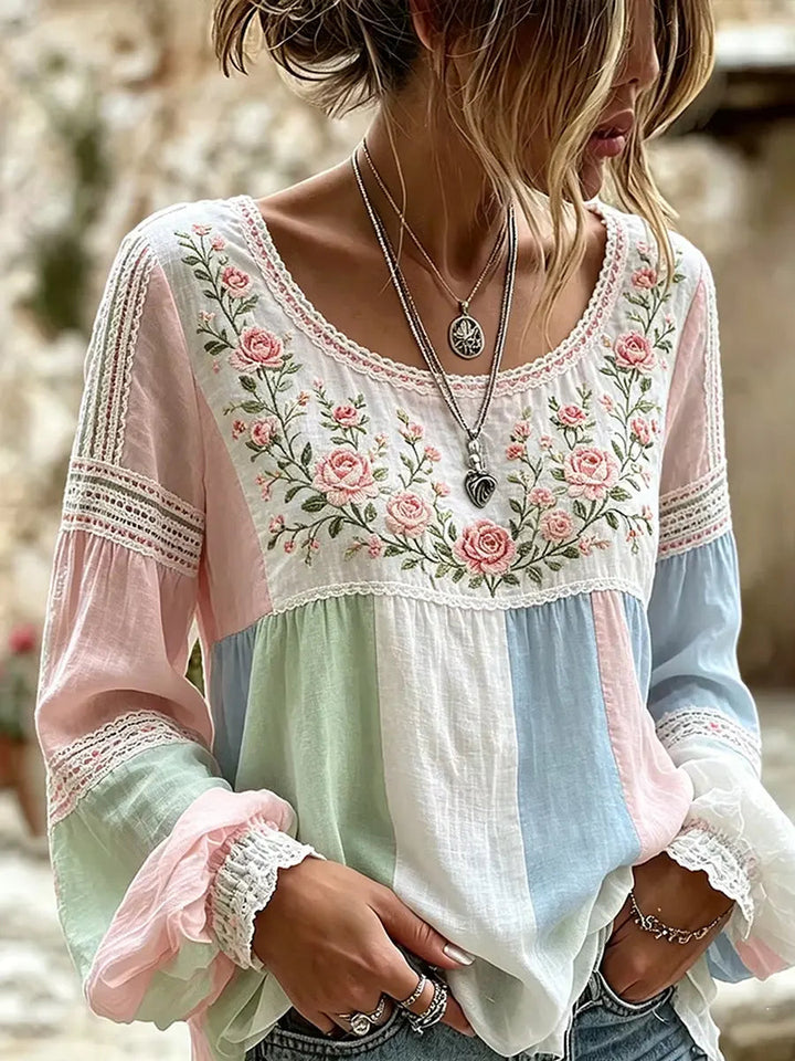 Esraa - Linen Blouse With Embroidered Floral Neck
