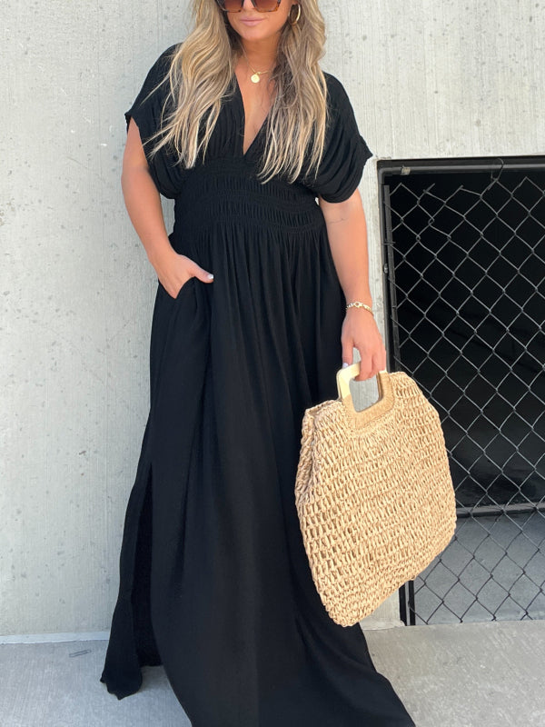 Neisya - Slit V-Neck Maxi Long Dress