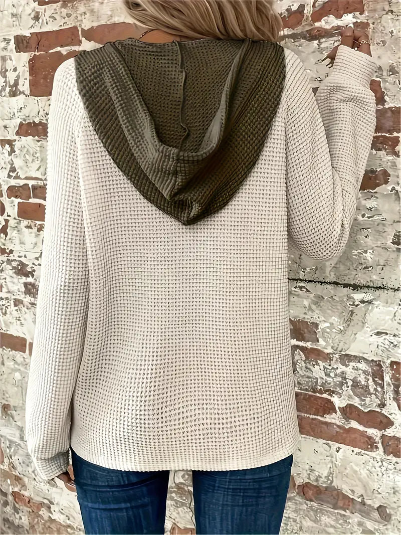 Snezhana - Long Sleeve Button Front Drawstring Hoodie