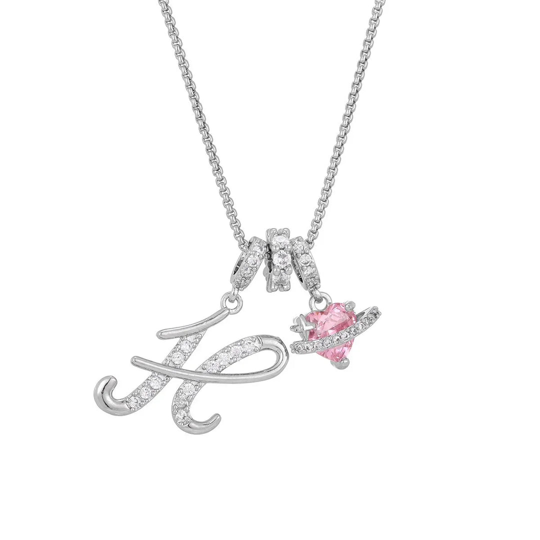 Nerute - Initial Letter Necklace With Pink Heart Charm