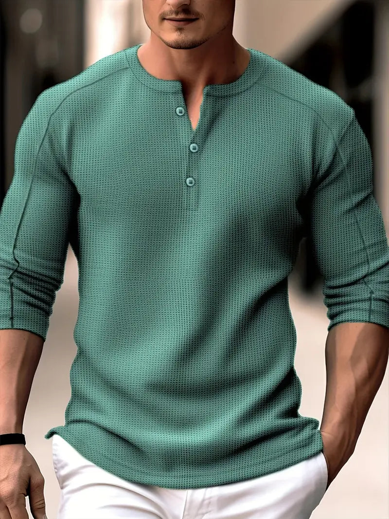 Biden - Waffle Knit Henley Long Sleeve Shirt