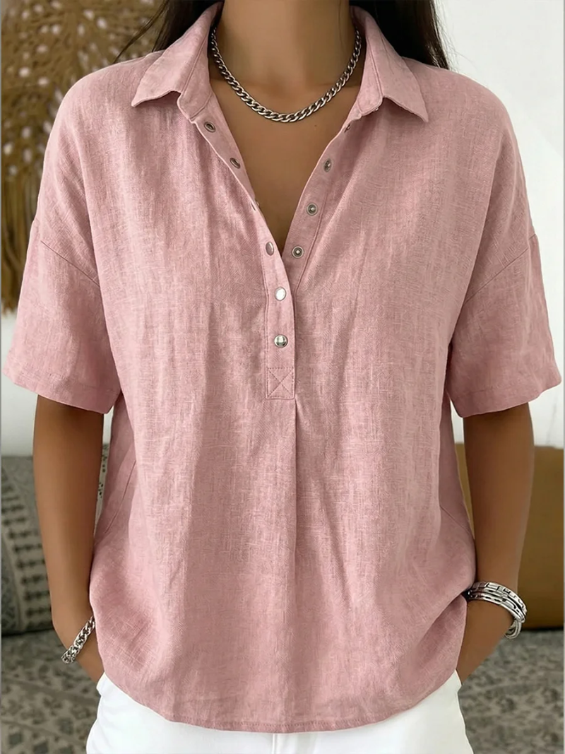 Anzhela - Elegant Short Sleeve Blouse With Button