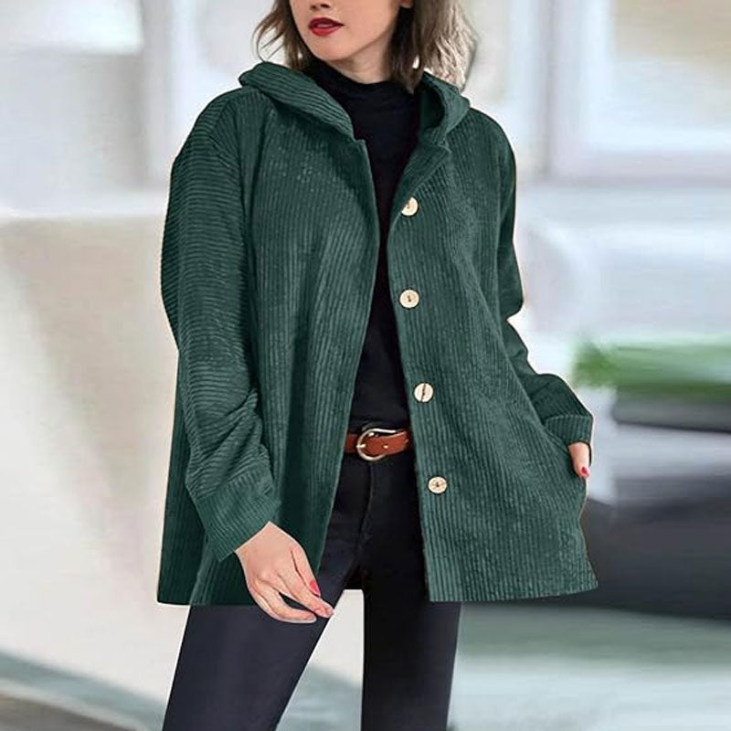 Daleny - Hooded Velvet Button Up Jacket