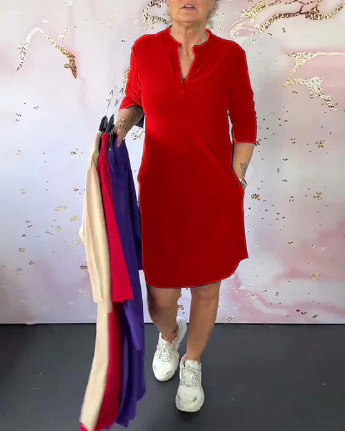 Sabela - Fashinable Plain Dress With V-neck