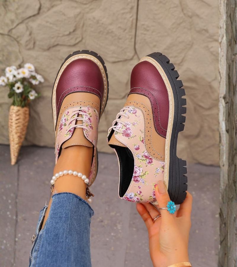 Rheaoova - Floral Oxford Shoes With Chunky Lug Sole